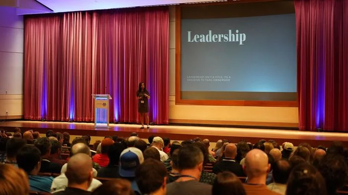 Adhithi Ravichandran presenting on leadership at a conference